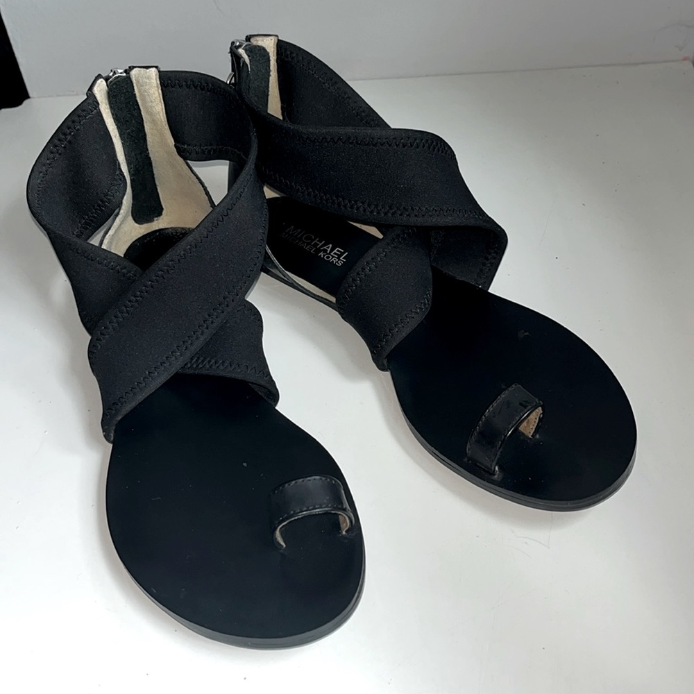 Michael Kors black zipper back sandals silvertone hardware wrap front straps